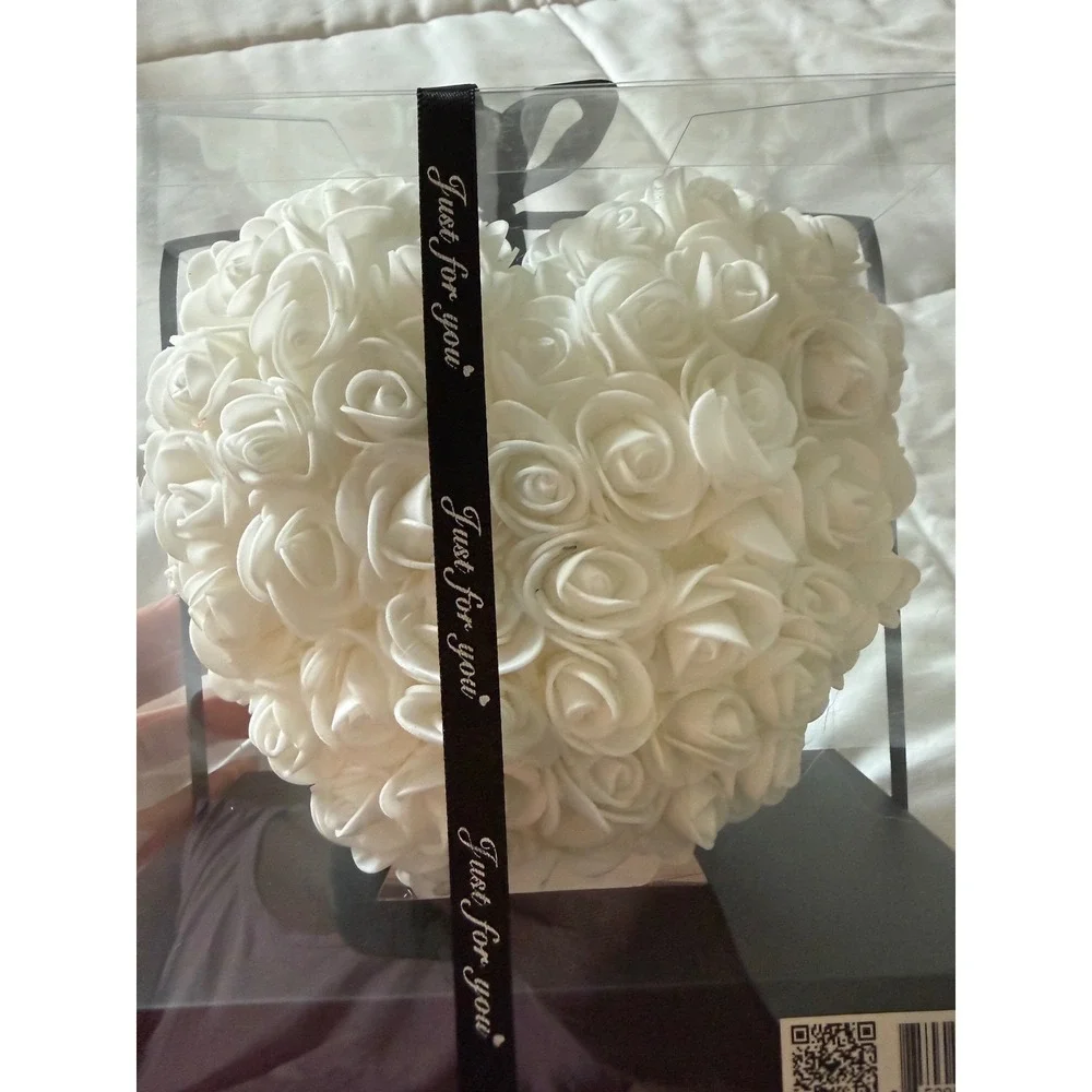 White Artificial Rose Flower Heart Gift Box Valentine Anniversary Decor